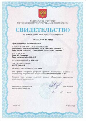 Testo 104-IR - Свидетельство о внесении в Госреестр СИ РФ