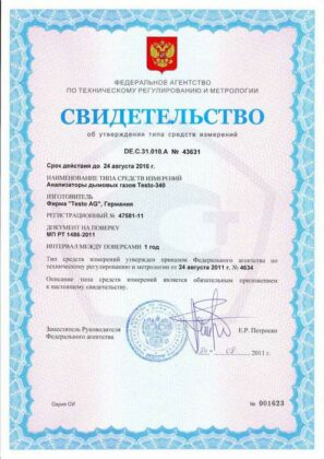 Testo 340 - Свидетельство о внесении в Госреестр СИ РФ